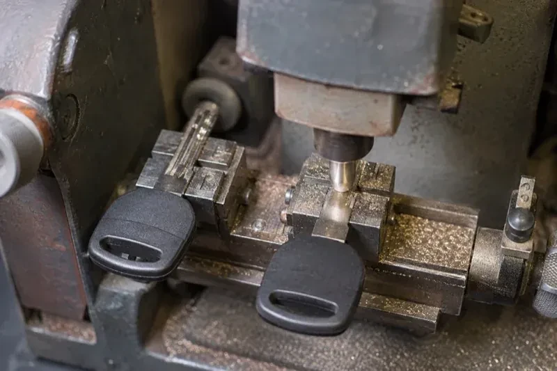 Two black-headed keys clamped in a bench machine, one beneath a vertical cutter, with metal shavings around the clamps. — Spare Car Key Duplication, Vaughan