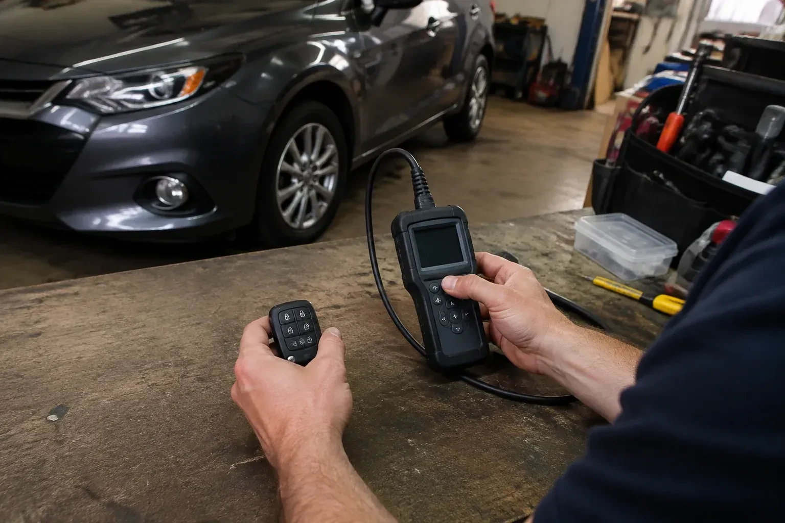 Hands holding a car-key fob and a small wired electronic device above a workbench in a garage with a parked car. — Key Fob Programming, Vaughan