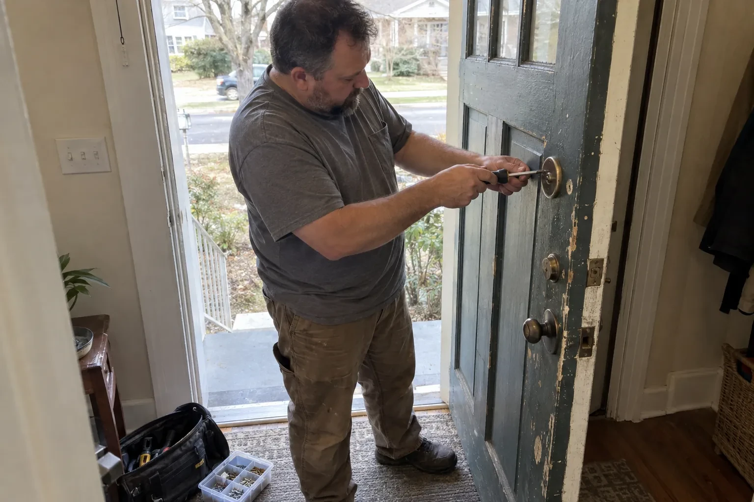 Technician using a screwdriver on the deadbolt of an open blue-gray front door, with a tool bag and screw tray nearby. — Deadbolt Installation, Vaughan