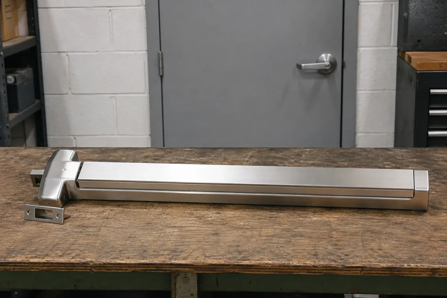 Detached horizontal exit device and separate strike component on a workshop bench. — Panic & Exit Hardware, Vaughan