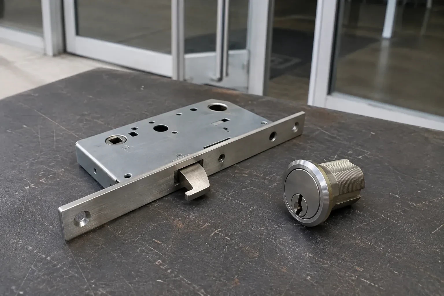 Detached mortise lock body with a projecting hook-shaped bolt beside a threaded cylinder. — Commercial-Grade Lock Replacement, Vaughan