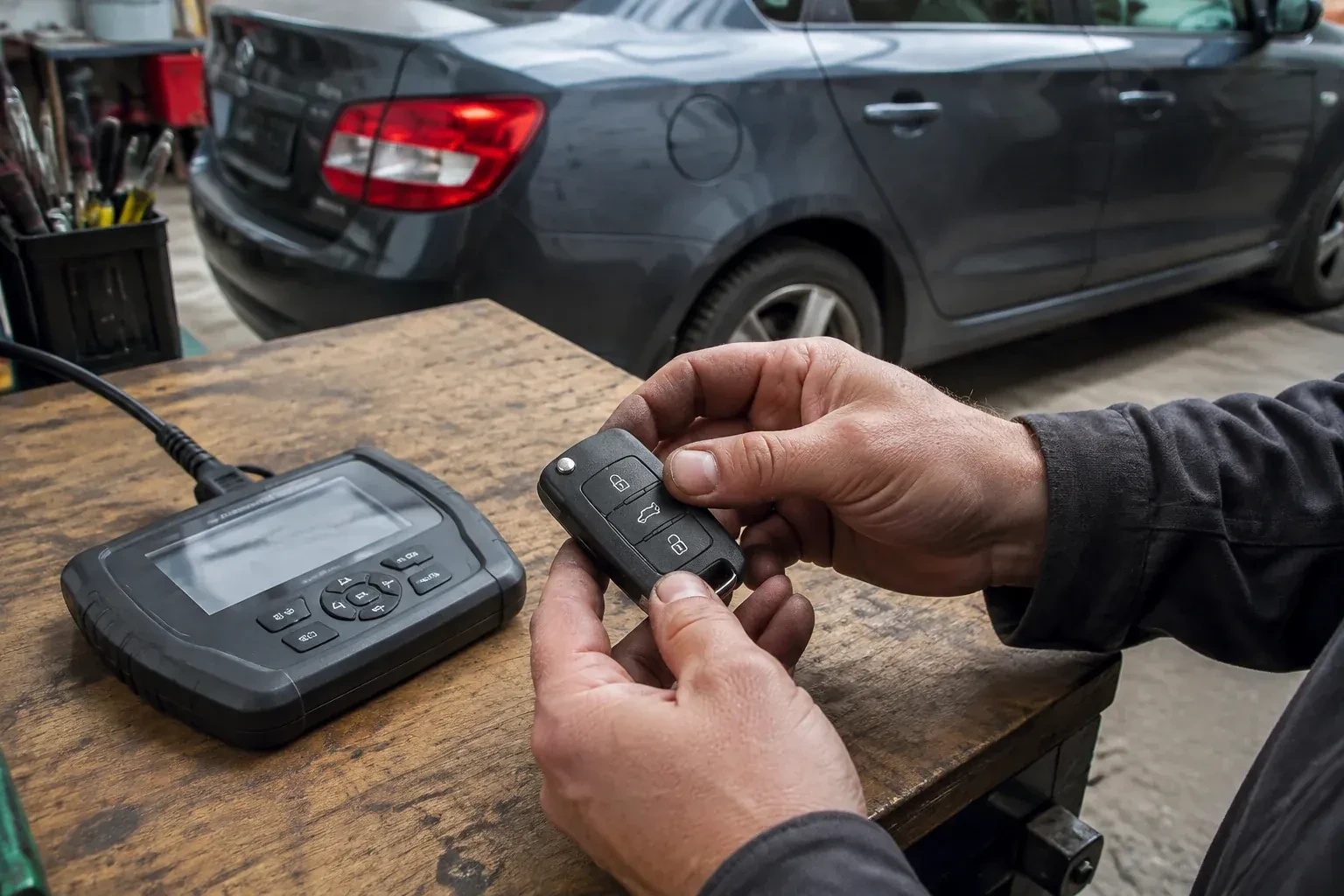 Hands holding a black car key fob above a workbench, beside a wired handheld device with a screen. — Car Key Replacement, Vaughan