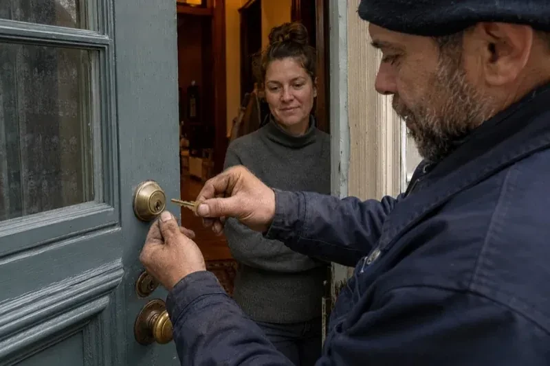 Person holding a key beside a brass-colored deadbolt on an open painted door while another person watches from inside. — Home Lockout Service, Vaughan