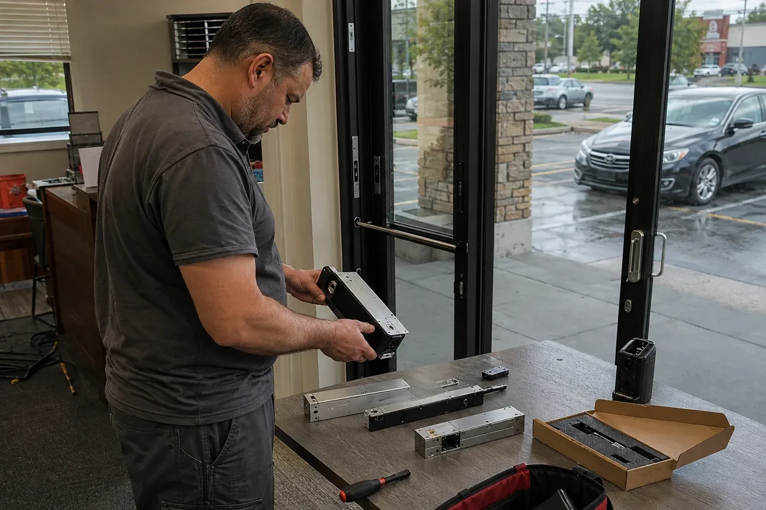 Person holding a rectangular door-hardware housing at a table with additional metal assemblies beside a glass entrance. — Access Control Installation, Vaughan