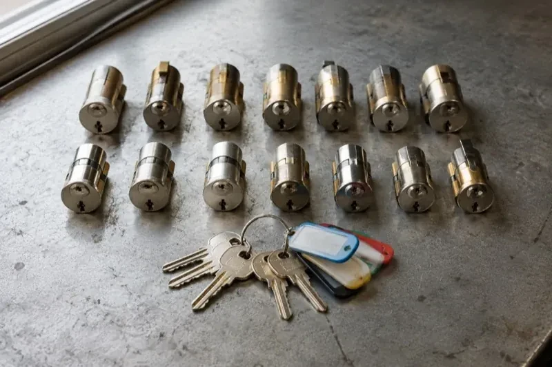 Two rows of lock cylinders on a metal surface with keys and colored key tags in front. — Master Key System Design, Vaughan