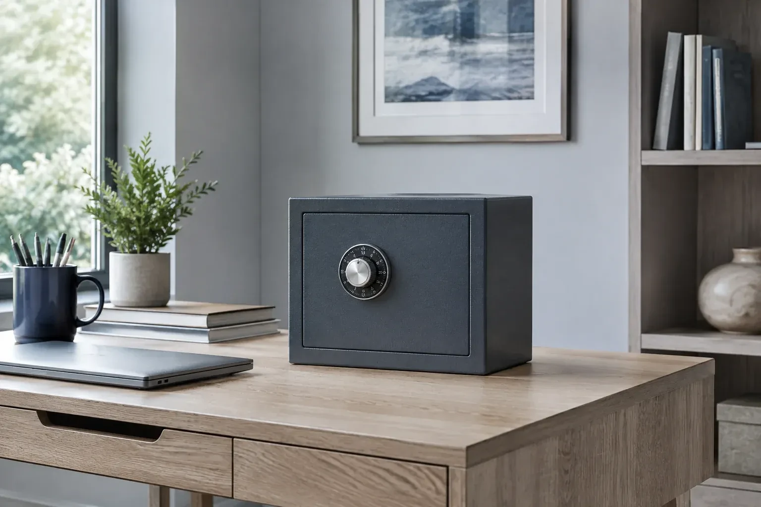 Small dark safe with a combination dial on a wooden desk beside a closed laptop and books. — Safe Opening & Combination Change, Vaughan