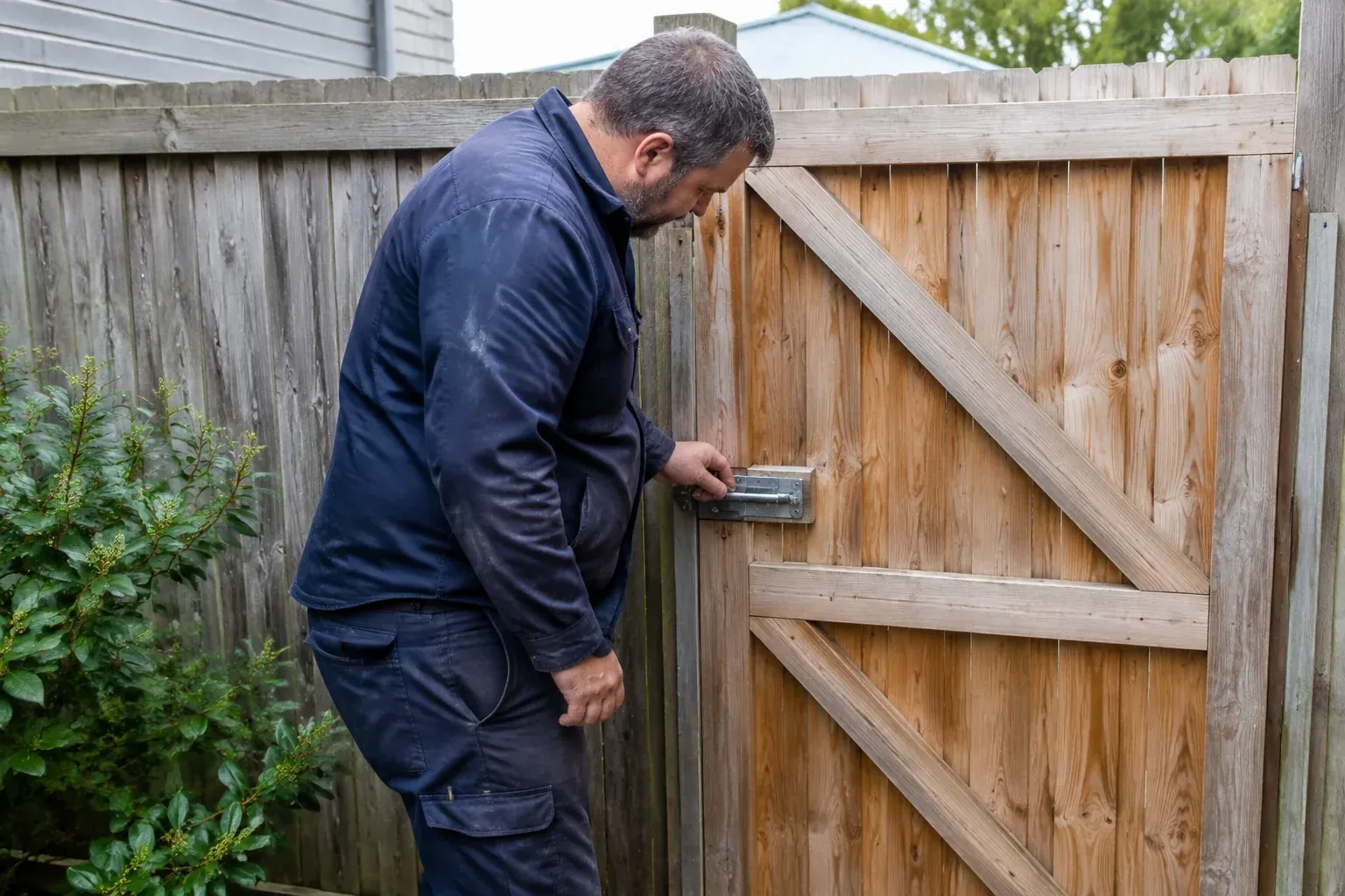 Person touching the sliding metal bolt on a wooden garden gate. — Gate & Building Entry Locks, Vaughan
