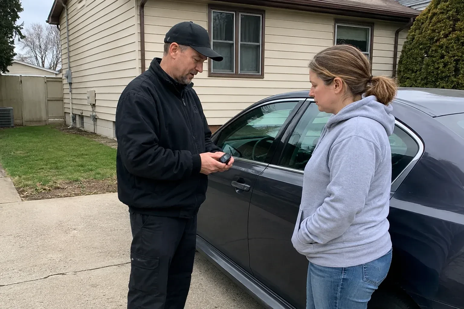 Two people standing beside a parked sedan, one wearing a cap and holding a small black device. — Vehicle Lock Repair, Vaughan