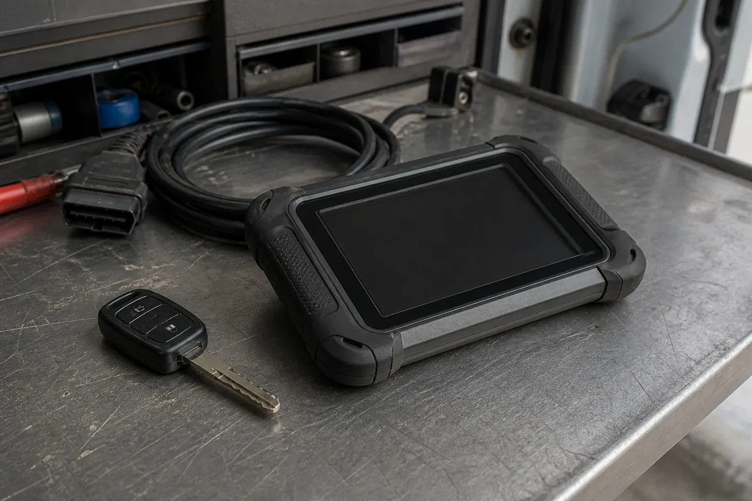 Vehicle key beside a dark diagnostic tablet and coiled connector cable on a workbench. — Transponder Key Programming, Vaughan